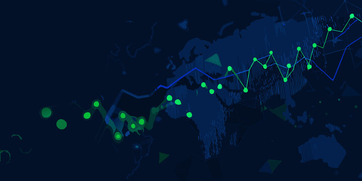 financial line charts on world map vector illustration blue green data analysis economy growth trend statistics global market investment finance