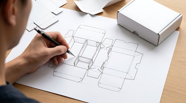 Professional packaging designer sketching custom cardboard box prototypes on paper