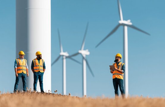 Engineers and technicians inspect wind turbine energy infrastructure for power