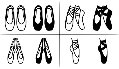 Ballet shoes collection black and white line art illustrations © Nurnobi
