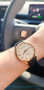 BANGKOK, THAILAND - JULY 3 : Jaeger leCoultre Master Ultra Thin Collection with 18k gold case and alligator strap, with small second, with ultra luxury gold precious case, in Bangkok, Thailand
