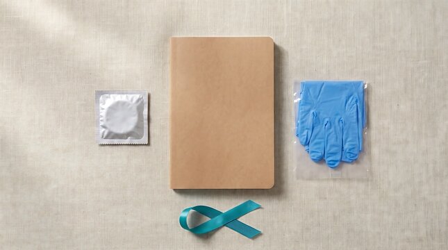 Medical supplies and teal awareness ribbon arranged on a neutral fabric background.