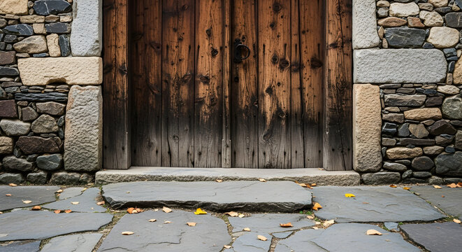 Weathered wood door stone wall and autumn leaves on a flagstone path