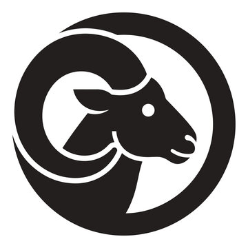 Black silhouette of ram head in circular frame on white background icon