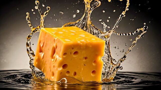 Gourmet cheese variety splashing in refreshing liquid for food packaging design