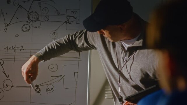 Sports Manager Presenting Detailed Plan on Coaching Board to Group Young Players in Locker Room. Team Building, Project Planning, Strategy Sessions, Youth Mentoring Under Expert Guidance. Portrait.