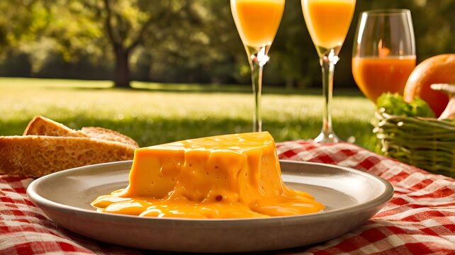 Creamy hot cheese sauce stream flowing onto Swiss cheese slice in nature photo