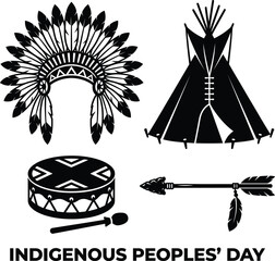 Set of indigenous peoples day icons. traditional headdress, tipi, drum, and arrow. © Mst Insanara Begum