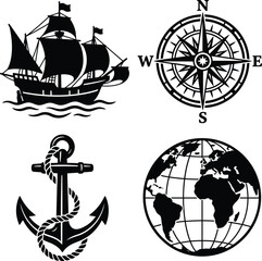 Maritime collection featuring vintage sailing ship compass anchor and world map. © Mst Insanara Begum