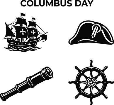 Columbus day exploration set with ship captain hat telescope and helm graphic.