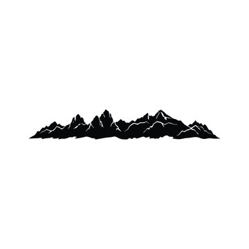 Rugged mountain range silhouette with sharp peaks and jagged ridges on white background.
