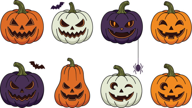 Set of spooky Halloween pumpkins with carved jack o lantern faces isolated on white background, festive holiday vector collection