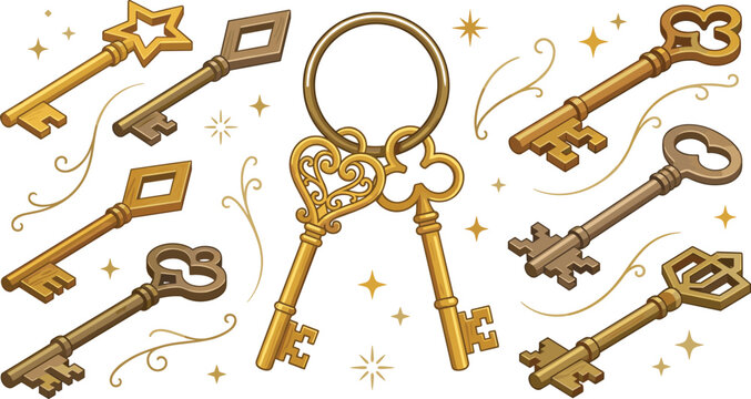 Set of vintage golden skeleton keys with ornate shapes, keyring, and magical sparkles isolated on white background vector collection