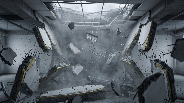 Top Down View of Concrete Room Destruction with Exploding Wall Debris and Dust Smoke