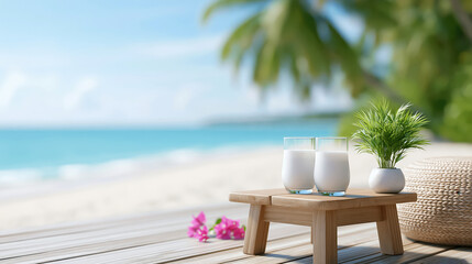 Naklejka premium Tropical beach with wooden table holding two glasses of milk and small potted plant, bright relaxing summer scene with palm trees