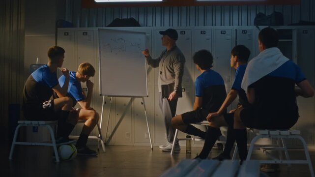 Professional Football Mentor Points Tactical Board While Lecturing Youth Team at Half Time or Before Training. Teenage Student Athletes Listen Carefully. Leadership, Team Discipline, Sportsmanship.