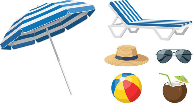 Summer beach vacation collection with striped umbrella, lounge chair, sun hat, sunglasses, beach ball, and coconut drink isolated vecto