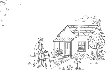 Obraz premium An elderly person with a walker approaches a charming little house. The scene depicts a sense of home and care, with a mailbox and some garden elements adding to the welcoming atmosphere