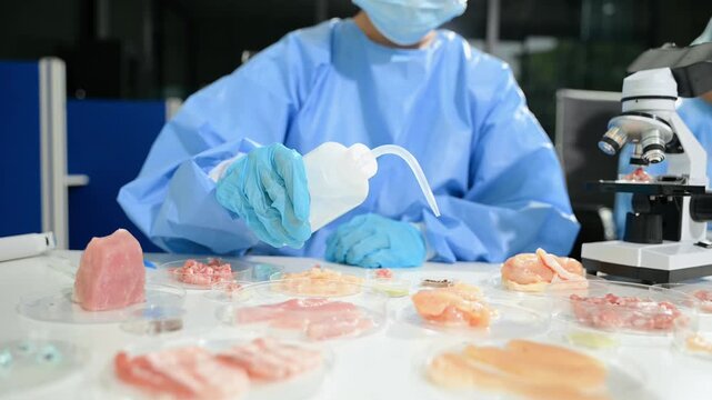 Food scientists examining meat samples in a laboratory. Food safety, quality control, microbiology, biotechnology, laboratory research and professional teamwork.