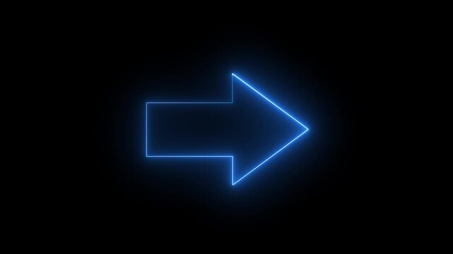Glowing neon blue color right direction  arrow icon animation road signal information position sign symbol on black background..4k video
