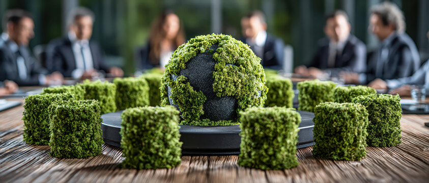 Sustainable world concept with green moss globe and cubes wooden table surrounded by business people formal suits discussing environmental issues