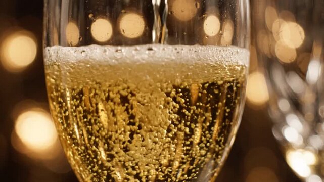 Champagne Pouring into Glass with Warm Bokeh Background