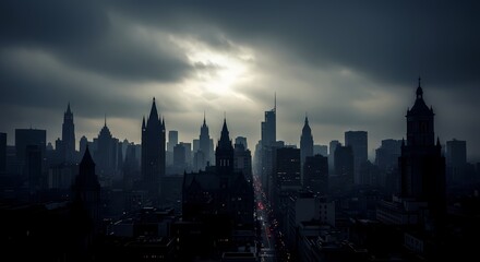 Fototapeta premium Dramatic cityscape with skyscrapers under cloudy sky at dusk or dawn with sunlight peeking through