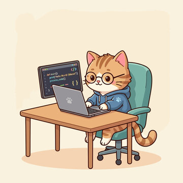 Cute cat programmer wearing glasses coding on laptop with 'Hello World' on screen
