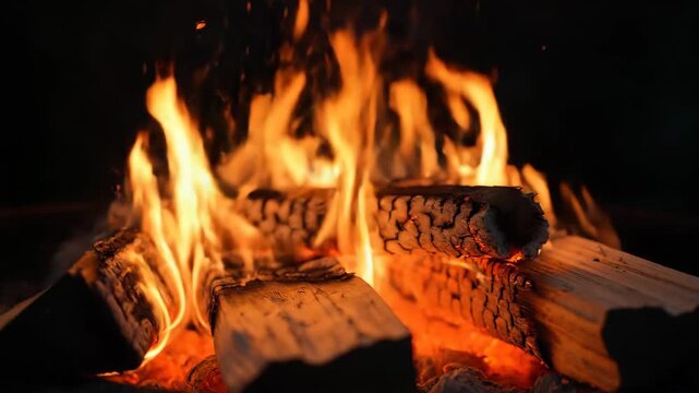 Warm glowing campfire with burning logs and bright orange flames at night