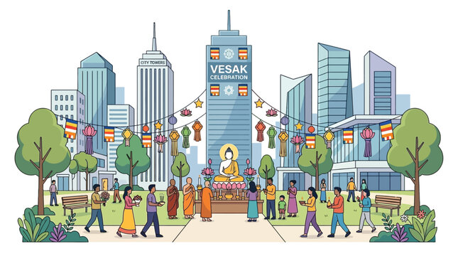 Diverse People Celebrate Vesak Festival in Modern City Park with Buddha Statue and Lanterns, Cultural Event Illustration