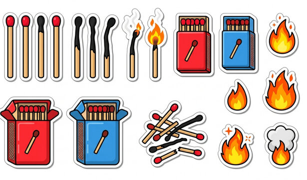 Cartoon matches and matchboxes flat vector sticker collection isolated on white background