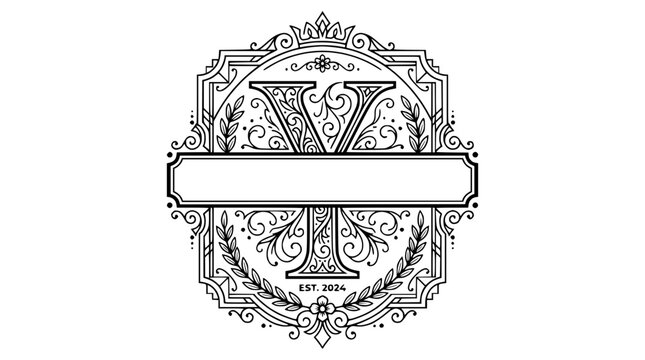Elegant Ornate Monogram Letter V with Heraldic Border