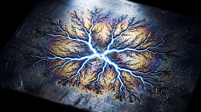 Electric Blue Lichtenberg Pattern High Voltage Fractal Discharge on Iridescent Surface