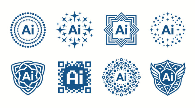 Ai vector graphic logos with various designs and patterns in blue color on white background for branding and identity