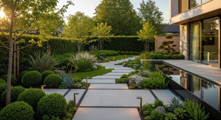 Obraz premium Modern landscape garden with stone path and lush plants