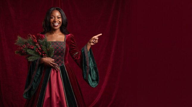 African woman smiling in Santa costume, pointing to negative space backdrop.