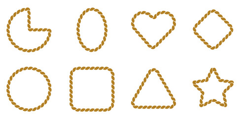 Brown rope frame set with circle square triangle heart and star shapes twisted nautical border collection isolated on white background © PStock