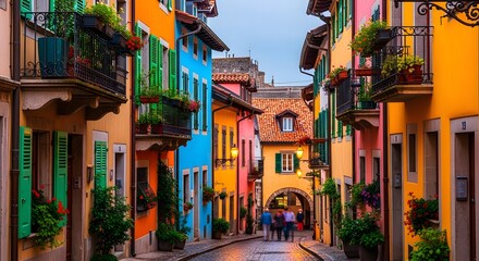 Fototapeta premium Vibrant colorful buildings forming a street with people in the distance