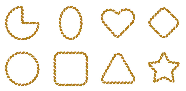 Brown rope frame set with circle square triangle heart and star shapes twisted nautical border collection isolated on white background
