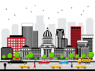 Fototapeta premium Flat design city skyline illustration with capitol building and urban traffic