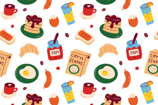 Breakfast seamless pattern with hand drawn doodle food and drinks on white background, coffee, pancakes, fried eggs, croissant, jam, cereal. Morning meal and cafe menu concept, vector illustration