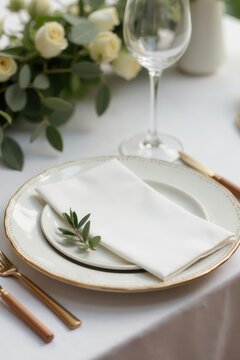 Elegant wedding table setting with olive branch place card , abundance, rustic, symbol