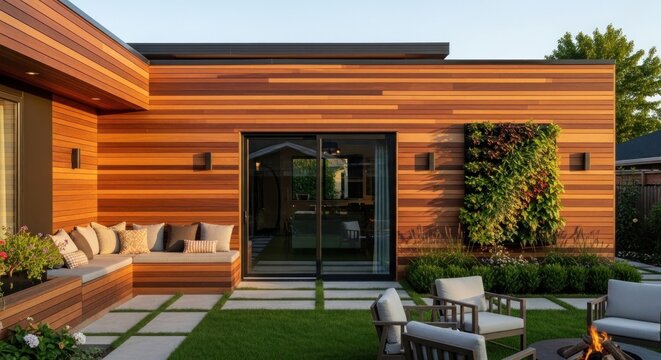 Modern wooden backyard deck with vertical garden and seating.