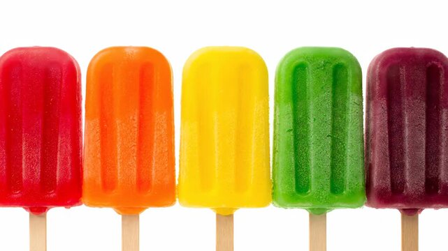 Vibrant Row of Colorful Fruit Popsicles on Sticks Against White Background