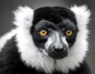 Fototapeta premium A close-up portrait of a small, black and white primate with striking yellow eyes