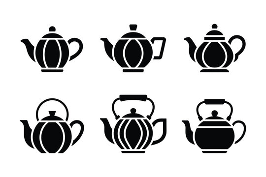 Black silhouettes of various traditional teapot designs on white background
