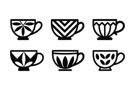 Black and white tea cup icons with various leaf and geometric patterns  simple designs