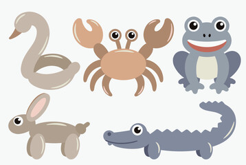 Fototapeta premium Playful set of animal balloon sculptures featuring a swan crab frog rabbit and alligator in muted pastel color tones.