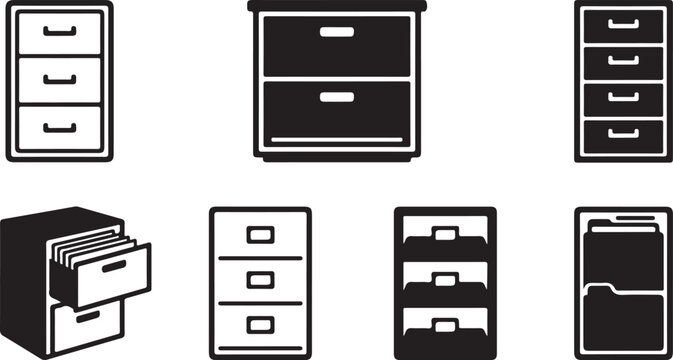 Set of six different filing cabinet icons in black and white Vector