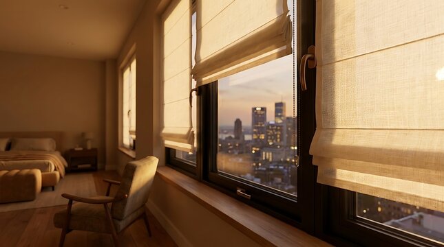 Sunset city skyline view through window blinds in a modern apartment bedroom